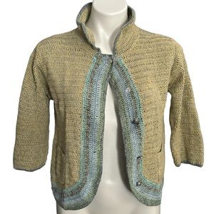 J Jill Crocheted Green Blue Jeweled Cardigan Sweater So Lovely Nice weight